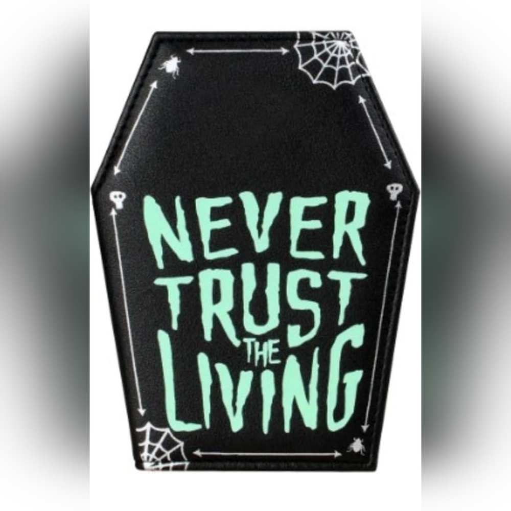 Black Coffin-Shaped Bag with Mint Green Text